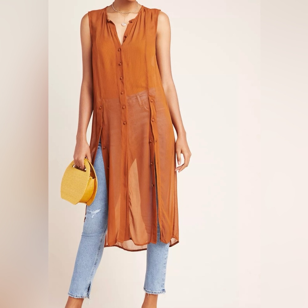 Maeve by Anthropologie 
Orange Sheer Button-Front Tunic Top with High-Low